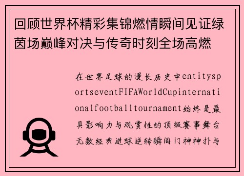 回顾世界杯精彩集锦燃情瞬间见证绿茵场巅峰对决与传奇时刻全场高燃