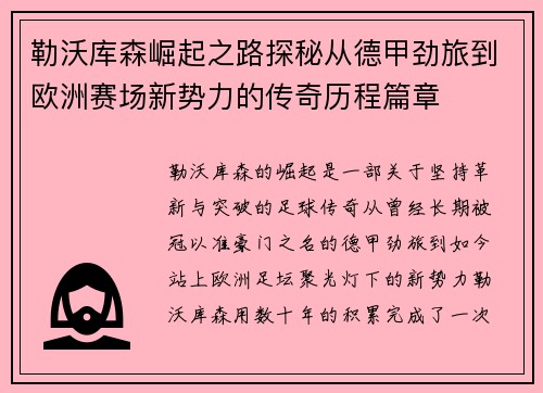 勒沃库森崛起之路探秘从德甲劲旅到欧洲赛场新势力的传奇历程篇章